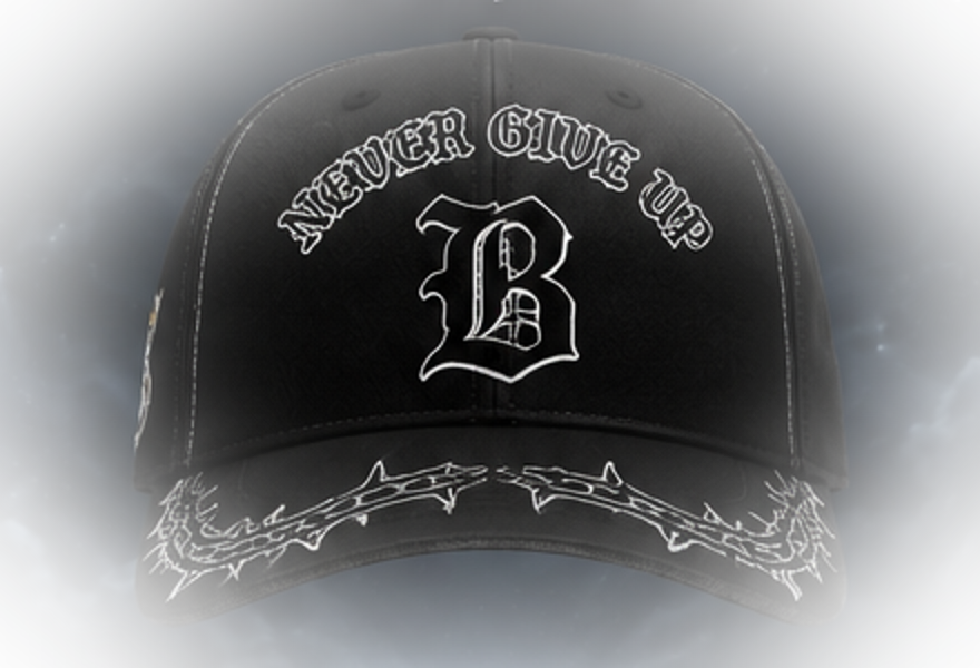 Premium black cap, front view with NEVER GIVE UP embroidery